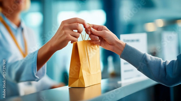 Fototapeta handoff of a neutral gift bag across a reception counter fingers only in frame background directory signage defocused high key light clean right margin corp