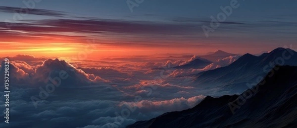 Fototapeta Majestic Sunrise Over Mountain Range with Colorful Clouds and Serene Landscape, Capturing the Beauty of Nature and Tranquility in the Early Morning Hours
