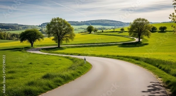 Obraz Scenic countryside road winding through lush green rolling hills under a cloudy sky