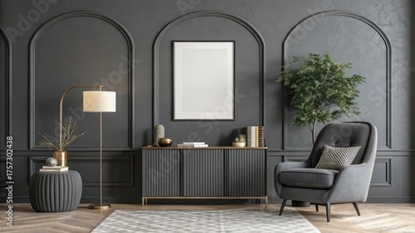 Fototapeta Sophisticated dark grey living room with a plush armchair, console table, and arched wall detail