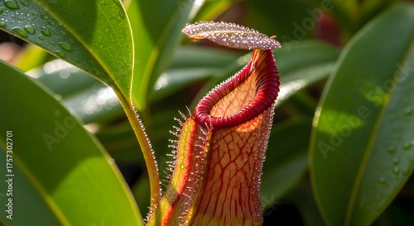 Obraz Close up of a vibrant pitcher plant with intricate details and textures.