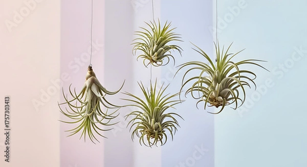 Obraz Four Tillandsia air plants hanging gracefully in the air.