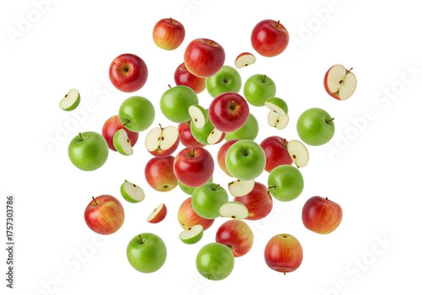 Fototapeta Fresh Red and Green Apples Falling: Dynamic Mix of Whole and Sliced Healthy Fruits on White Background