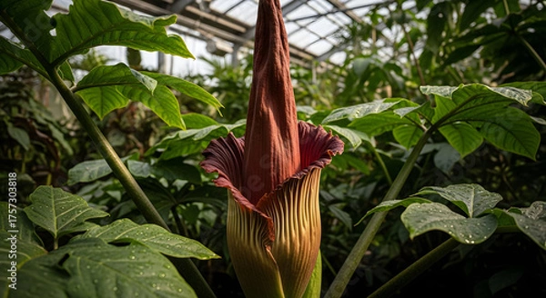 Obraz Close-up of a striking Amorphophallus titanum also known as the corpse flower with its distinctive spathe and spadix.