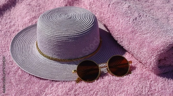 Obraz Straw Sun Hat And Round Sunglasses Resting On Pink Textured Surface