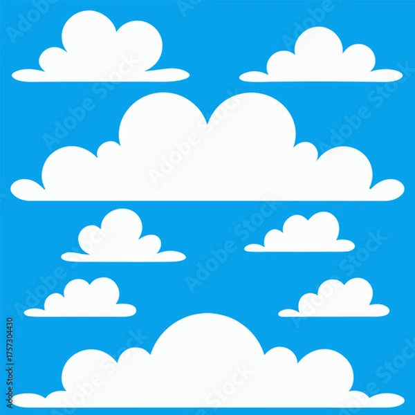 Obraz Collection of various white fluffy cloud shapes against a bright blue sky backdrop