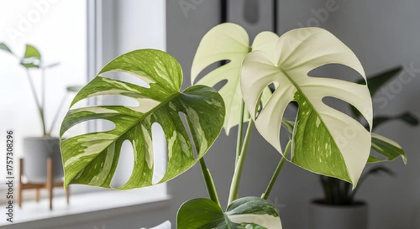 Obraz Monstera plant with variegated leaves in natural light.