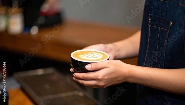 Fototapeta A person holding a cup of coffee with latte art stands near a wooden counter in a cafe.