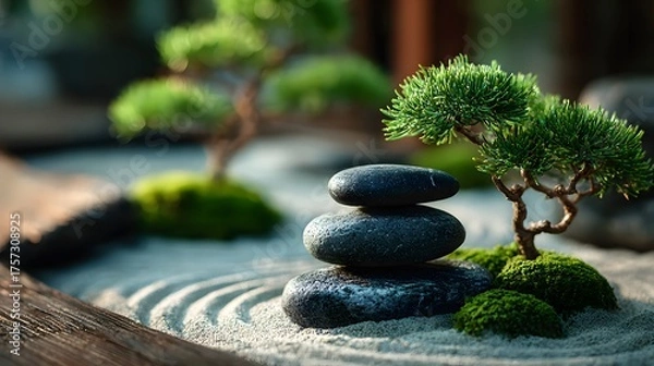 Fototapeta Tranquil and meditative photograph of a miniature zen garden with smooth, stacked stones on fine gravel and small, manicured green bonsai trees.