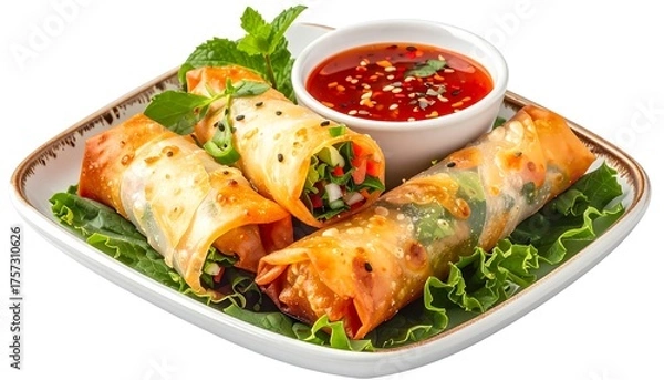 Obraz Appetizing spring rolls with dipping sauce on a square plate