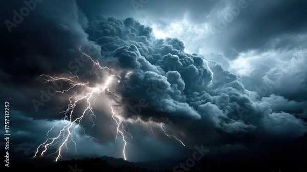 Fototapeta Dramatic Thunderstorm with Dark Clouds and Bright Lightning Strikes Illuminating the Sky Over a Remote Landscape
