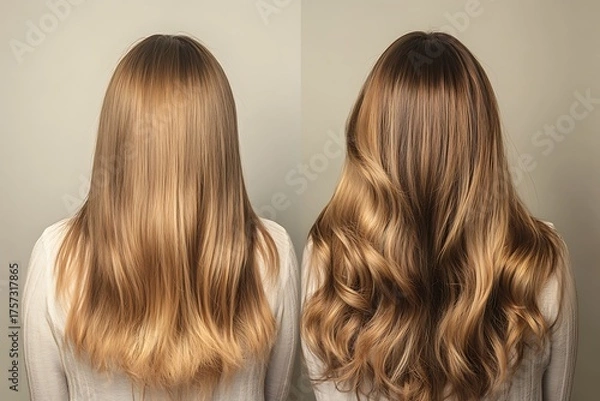 Obraz A before and after hair treatment visual, showcasing the transformation and beauty of a woman's long hair.