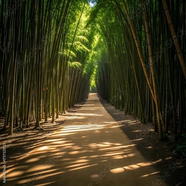 Obraz Sunlight filtering through a dense bamboo forest onto a dirt path