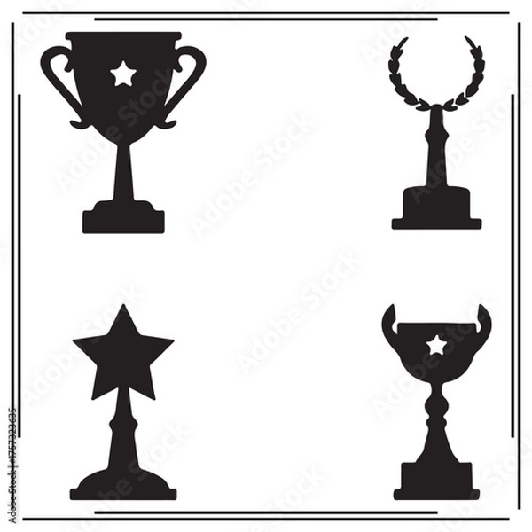 Fototapeta Award Trophies Silhouette Set - Star Trophy, Laurel Cup, Victory Awards Icons, Black Symbols for Achievement, Recognition, and Competition Designs