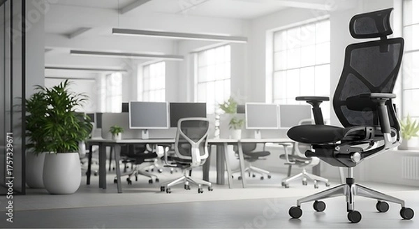 Fototapeta Ergonomic office chair in a bright, modern office setting, designed for optimal comfort and support, promoting a healthy and productive work environment