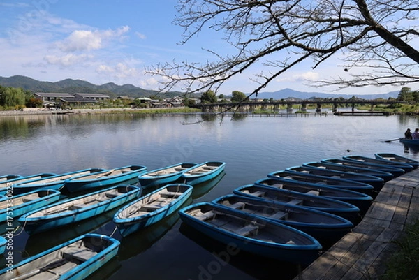 Fototapeta  A Japanese bridge: a scene of Togetsu-kyo Bridge at Arashiyama in Kyoto City