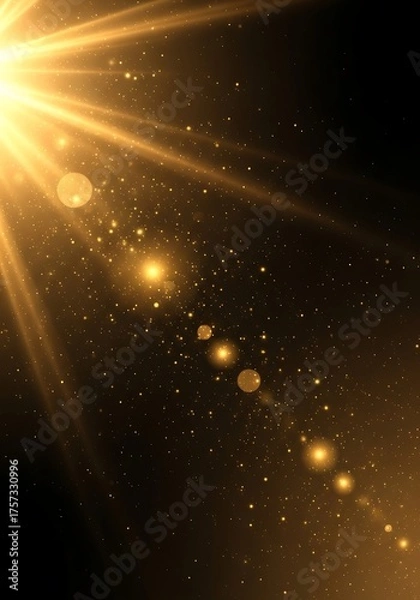 Fototapeta Bright golden light rays and lens flare illuminate a dark, dusty background with sparkling particles and bokeh effects.