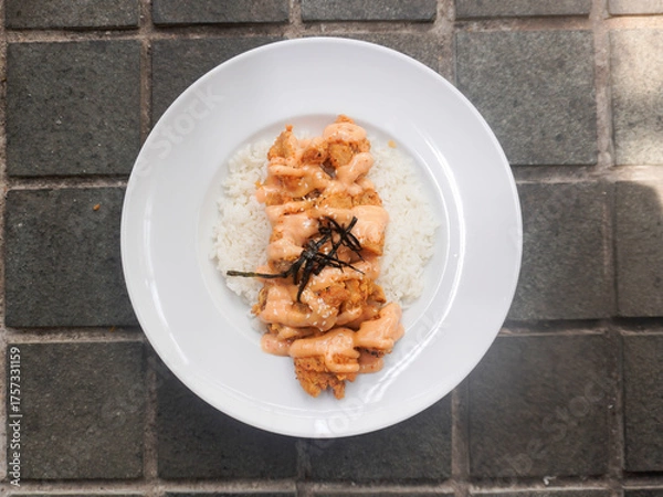Fototapeta A plate of homemade Japanese Chicken Karaage served with Mentai sauce and white rice