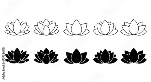 Fototapeta Collection of lotus flower icons in black and white showing different stages of bloom and petal.