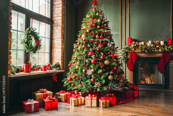 Fototapeta Cozy christmas tree surrounded by toys and gifts in a bright room with text space on the right