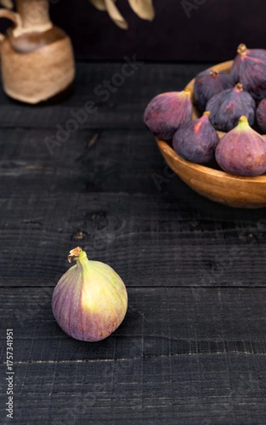 Obraz Fresh Figs in Wooden Bowls with Dark Rustic Background and Vase Decor