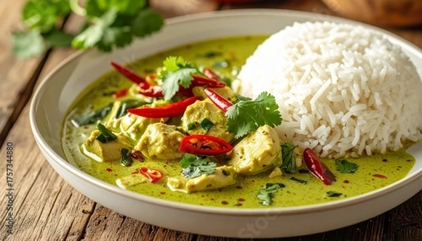 Obraz Perfect for food blogs, restaurant menus, and cooking websites. Vibrant thai green curry with chicken, chili, and rice on wood.