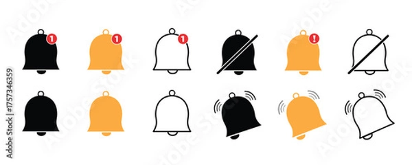 Obraz Notification bell icon set. Incoming inbox message. Ringing bell, reminder or subscriber sign for apps, smartphone, alarm alert. Vector Illustration