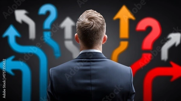 Fototapeta A businessman stands in contemplation, facing multiple directional arrows symbolizing choices and decisions in a challenging environment