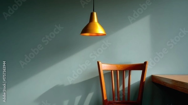 Fototapeta Minimalist interior featuring a wooden chair and warm pendant light against a blue wall, creating a cozy and inviting atmosphere for relaxation or contemplation.