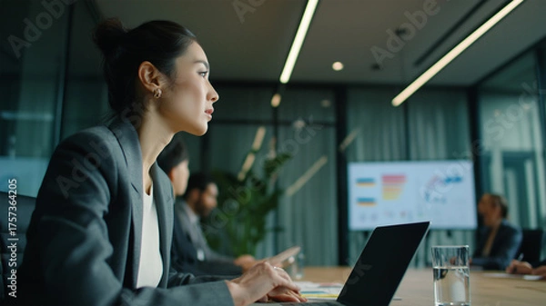 Fototapeta 女性が会議室でフォーマルスーツ姿のまま発言しつつノートパソコンで記録している