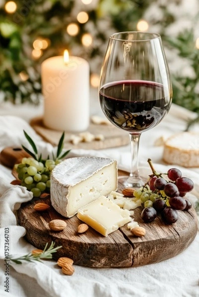 Fototapeta Cozy candlelit cheese and wine pairing with grapes and almonds on a rustic wooden setting