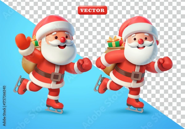 Fototapeta Santa Claus skating on ice while delivering gifts, 3D vector. Suitable for events, business and sports