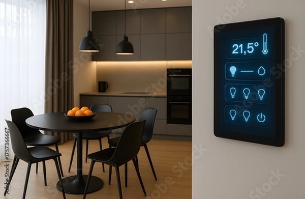 Fototapeta Smart home technology control panel in modern kitchen and dining room, minimalist interior with smart thermostat and lighting system, contemporary lifestyle and home automation concept