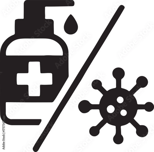 Fototapeta Flat germ and sanitizer silhouette icon representing hygiene, cleanliness, and health.
