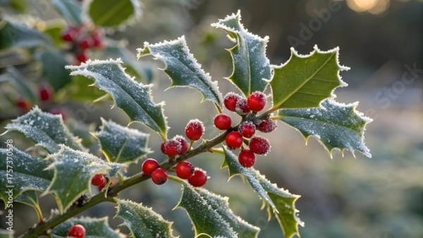 Fototapeta Holly branch with red berries covered in frost a festive winter season botanical image