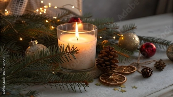 Fototapeta Festive Christmas candle with pine branches and ornaments creating a cozy holiday atmosphere perfect for seasonal greetings and decor