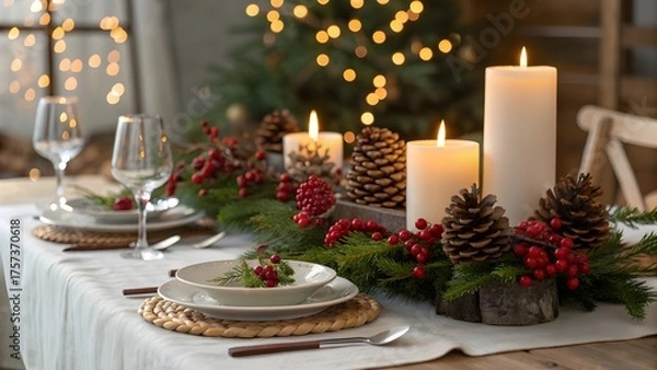 Fototapeta Festive Christmas table setting with candles and natural decorations creating a warm and inviting holiday atmosphere for a special occasion