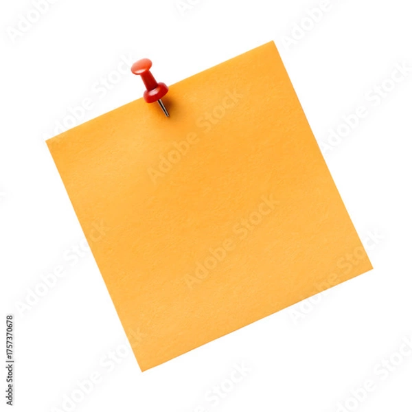 Fototapeta Blank orange sticky note pinned with red pushpin isolated on transparent background