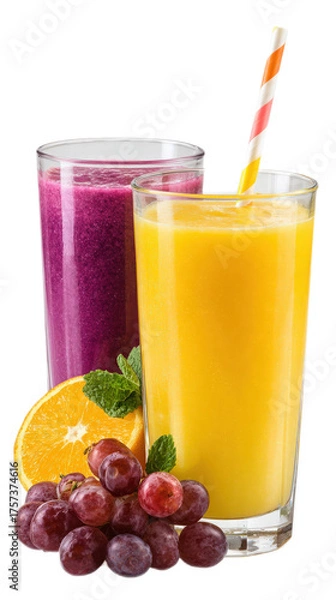 Fototapeta Refreshing Colorful Fruit Smoothies with Straws, Grapes, and Orange Slices in Glasses for Healthy Lifestyle and Dietary Choices
