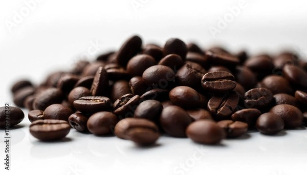 Fototapeta Minimalist Coffee Bean Arrangement A minimalist, artful scattering of dark roasted coffee beans on a smooth, pure white surface. Studio lighting, macro photography, high detail.