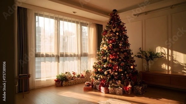 Obraz Woman in red dress celebrating Christmas with festive lights