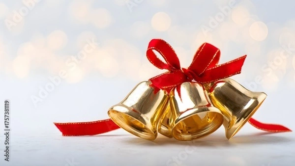 Obraz Golden Christmas bells with red ribbon on soft background