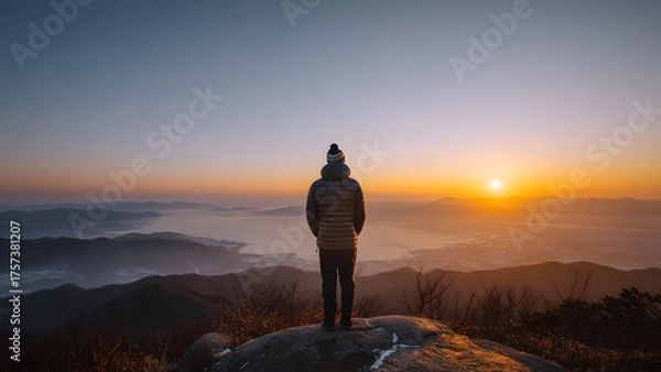 Obraz Person watching sunrise over mountain from rocky peak