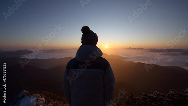 Obraz Back view of person in winter coat facing sunrise in mountains