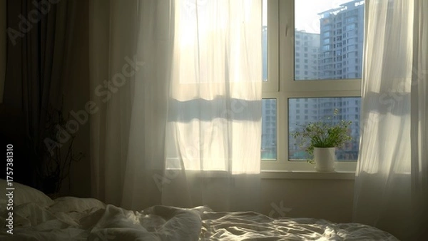 Obraz Cozy bedroom with soft light and curtain near window