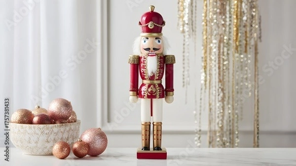 Obraz Nutcracker figure with rose gold ornaments on white table