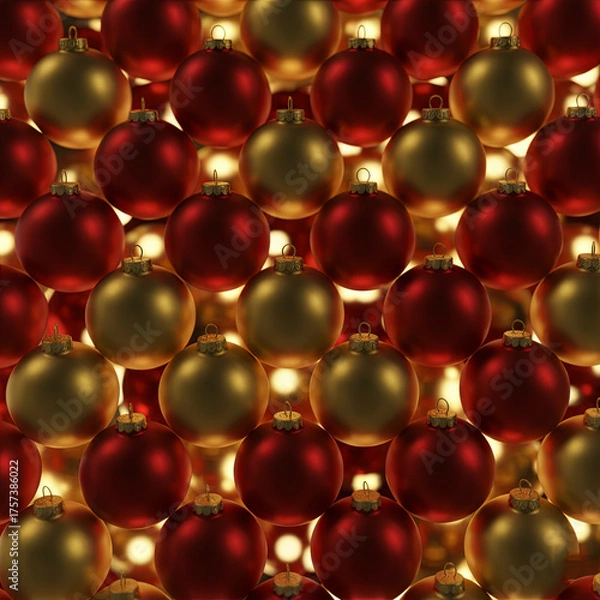 Obraz A cinematic seamless background featuring red and gold Christmas ornaments with soft glowing light and elegant depth, Ai Generate.