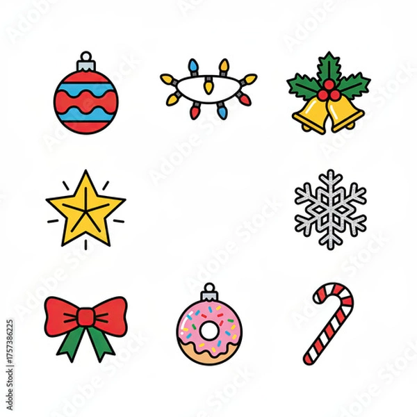 Fototapeta A colorful flat design set of Christmas ornaments, garlands, and stars, ideal for festive posters, cards, and digital designs, Ai Generate.