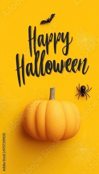 Fototapeta Happy Halloween text banner with pumpkin, web, bat and spider on yellow background