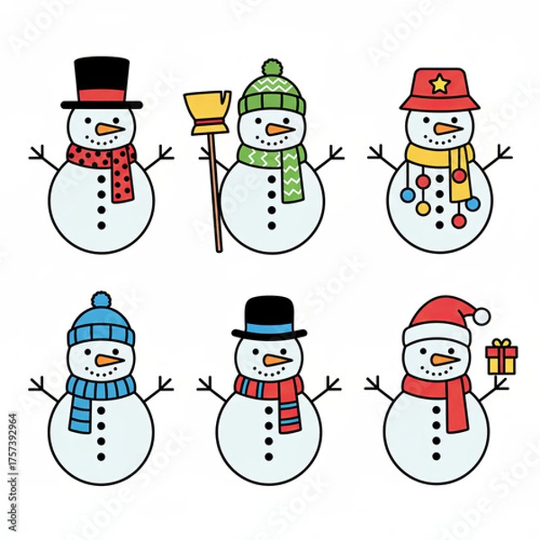 Obraz A flat design icon set featuring cute snowmen with hats and scarves, perfect for Christmas, winter, and festive greeting designs., Ai Generate.
